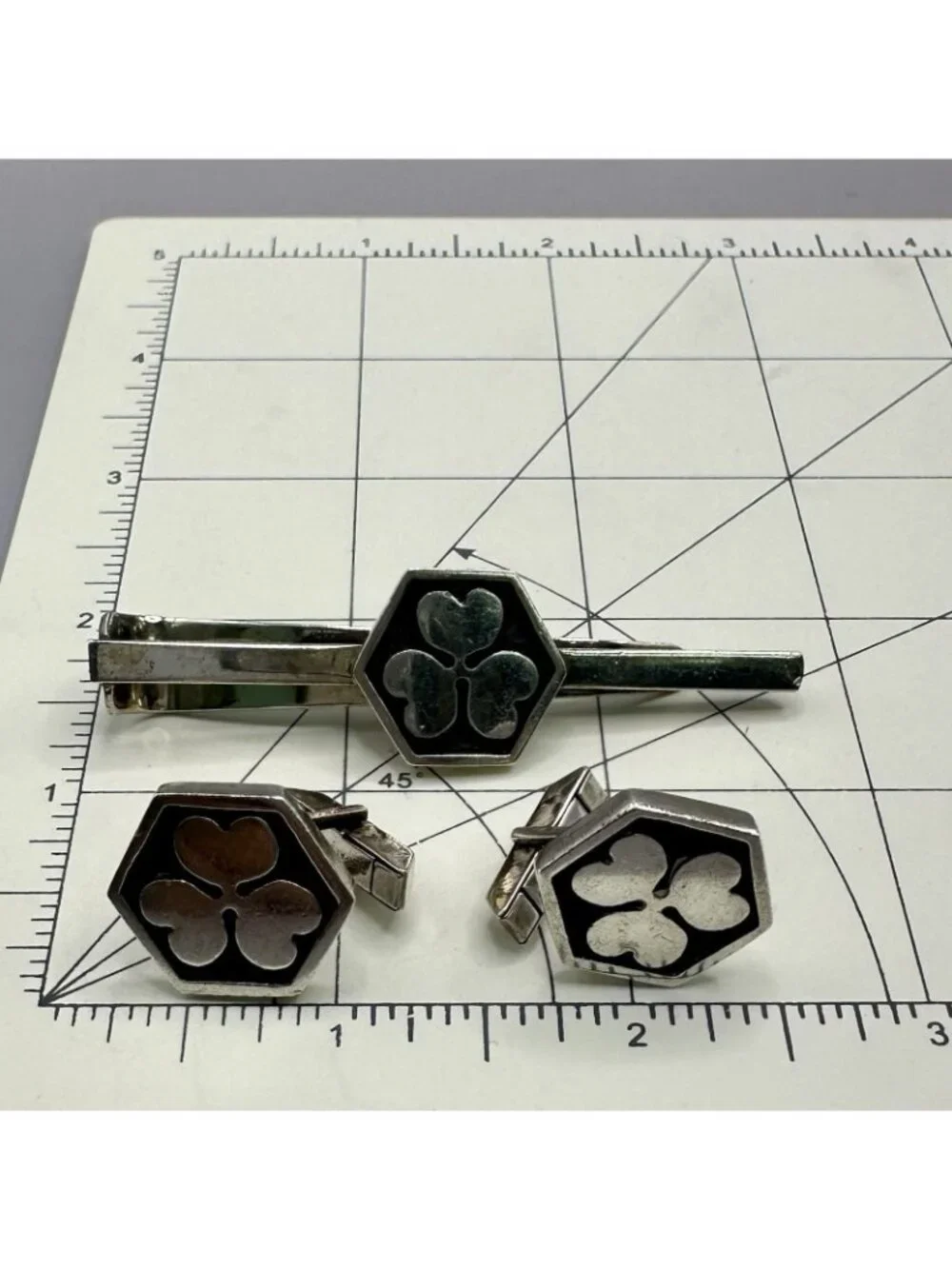 Fenwick & Sailors Shamrock Hexagonal Cufflinks + Tie Clip Sterling Silver Set
